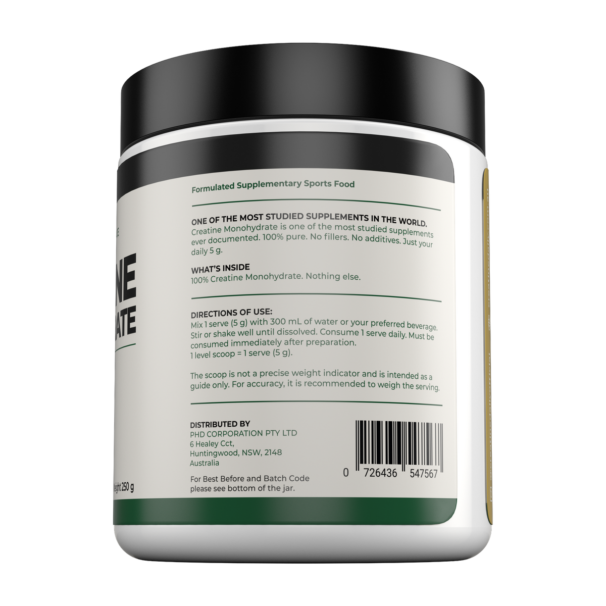 Creatine Daily 250 g directions and barcode side