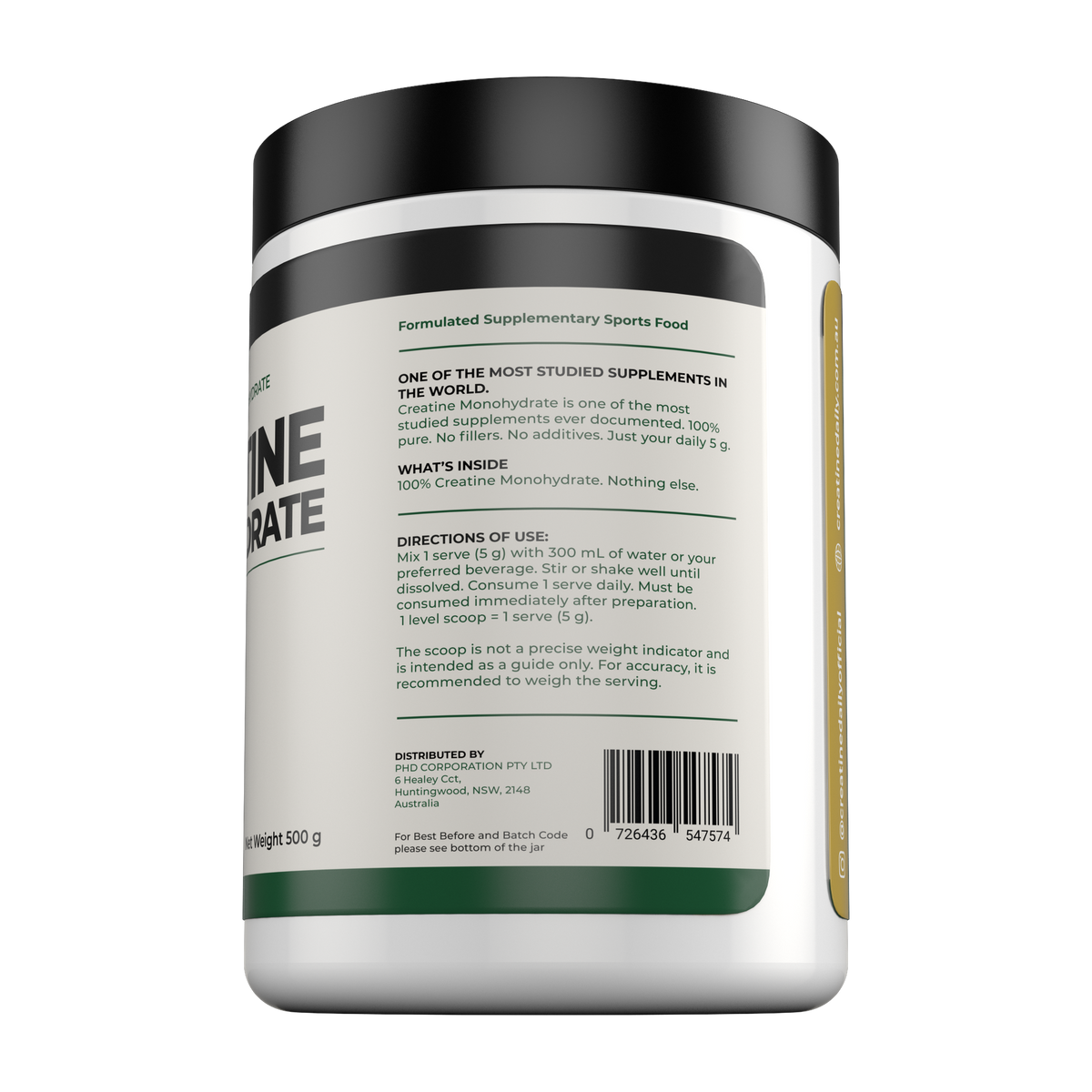 Creatine Daily 500 g directions and barcode side