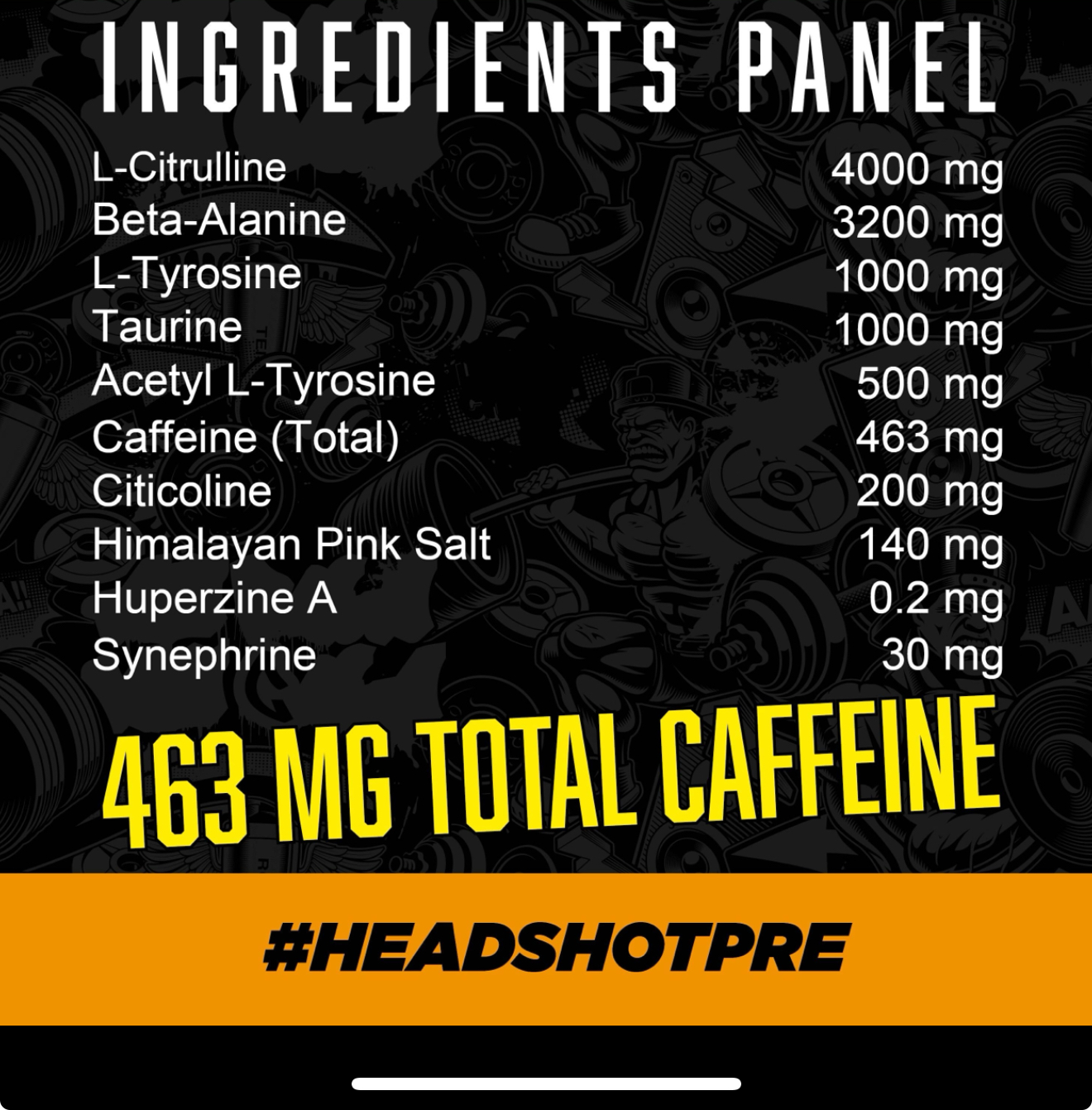 Headshot Pre-Workout Ingredients Panel — 463mg Total Caffeine